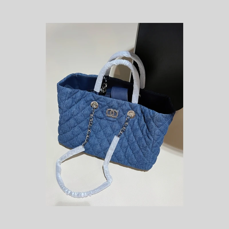 【A52#编码】小香风中古款托特包牛仔布配真皮手提包单肩包