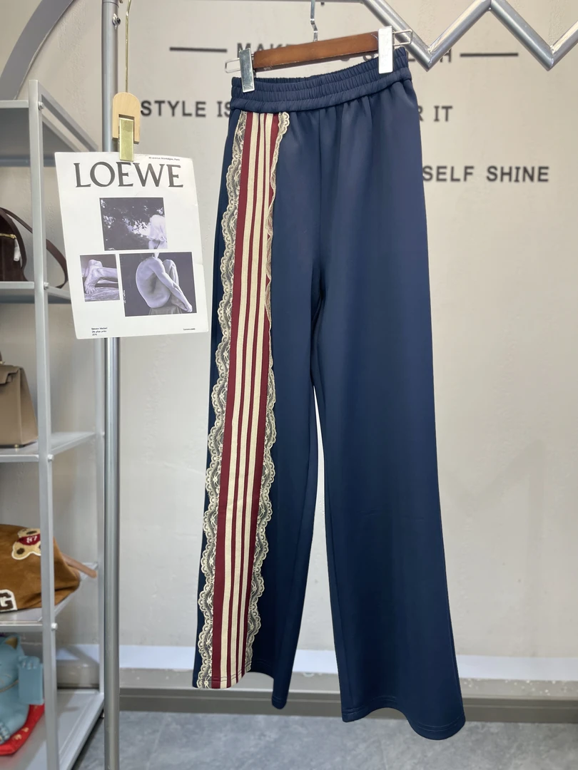 君家蕾丝条纹设计直筒裤