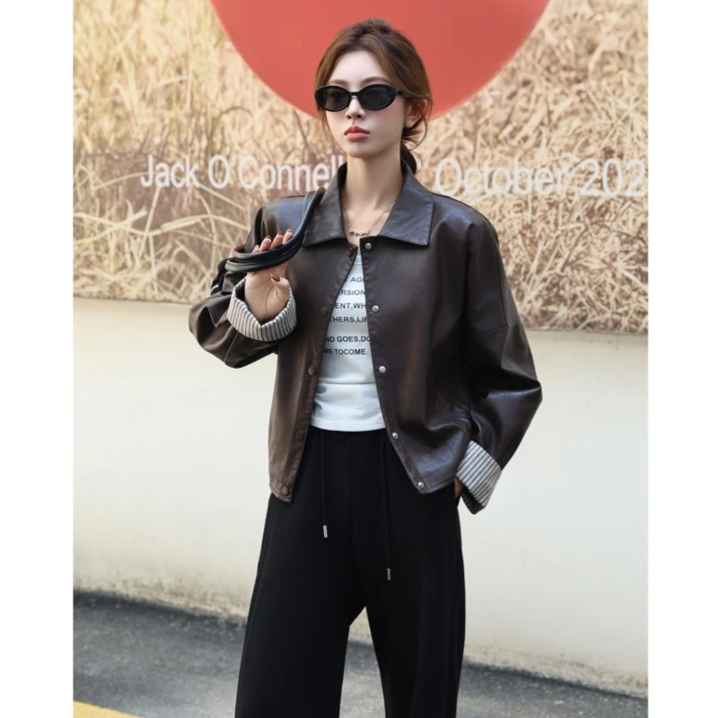 高级感 德莱文工装皮衣~定制油蜡感皮料25新款时髦复古夹克秋季女