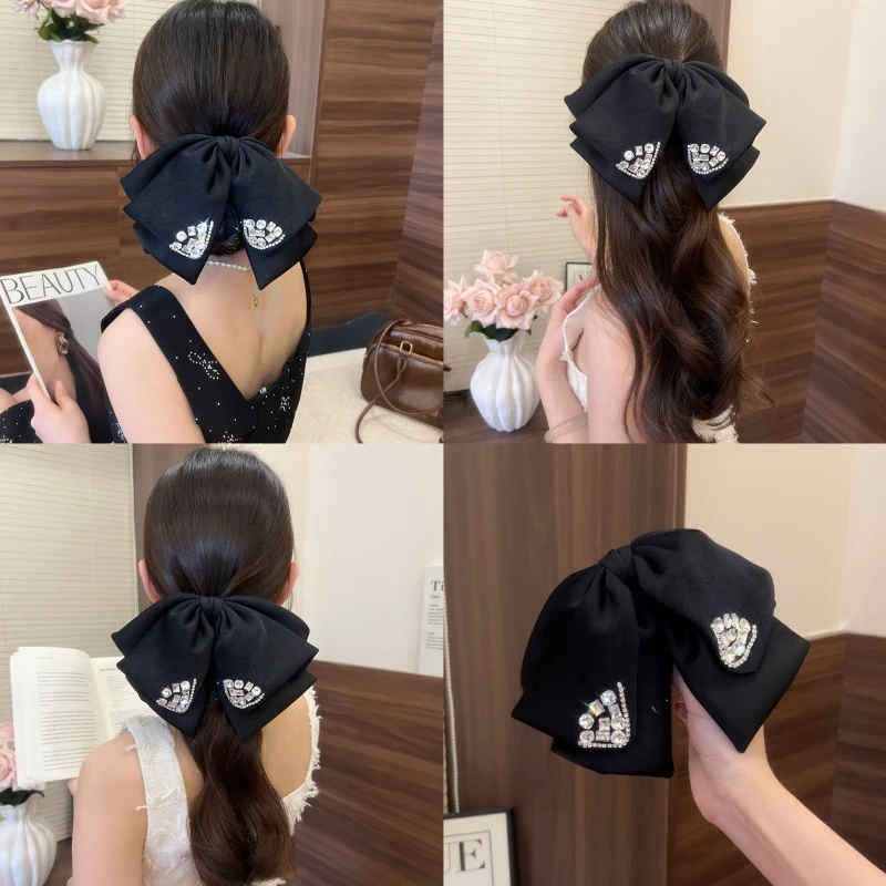 【轻奢高级感】法式闪钻缎面蝴蝶结高级黑发夹时尚百搭鲨鱼夹发饰