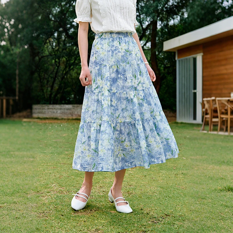 【绿子专属】茵曼假风海边出游印花半身裙松紧腰a字裙18528120