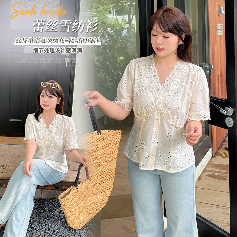 大码女装镂空泡泡袖绣花衬衫夏季胖mm法式收腰遮肚子显瘦精致上衣