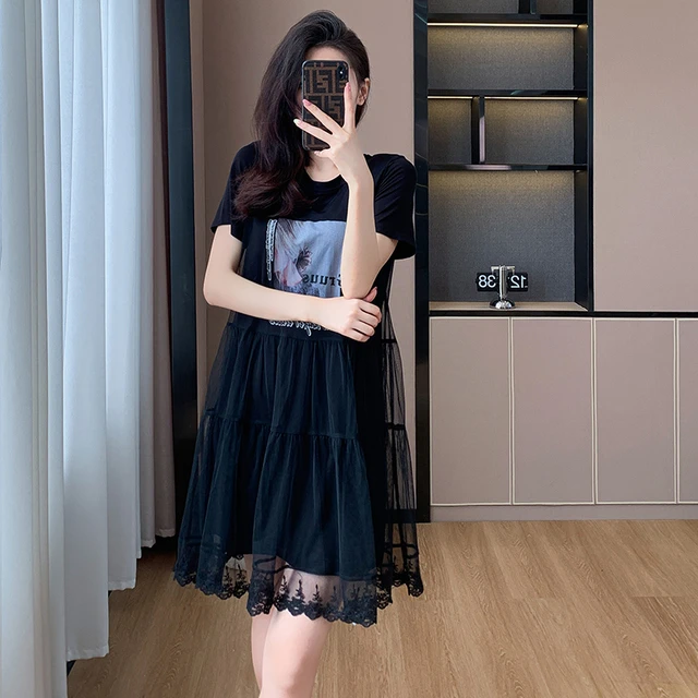 欧洲站洋气遮肉显瘦连衣裙女装2024夏季韩版休闲拼接圆领黑色裙子