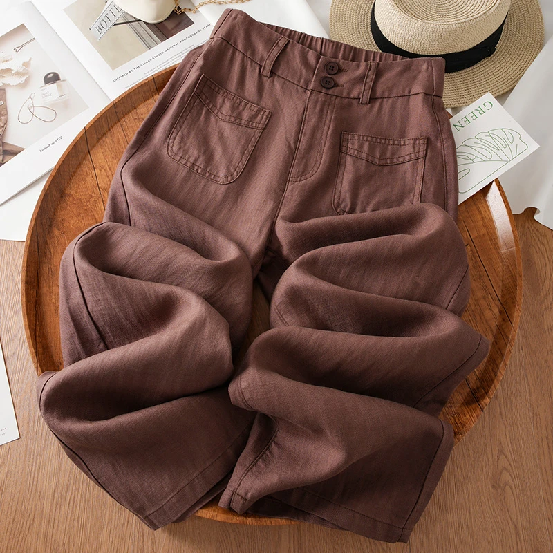 莱赛尔纯色天丝亚麻阔腿裤女2025夏季薄款高腰窄版宽松垂感直筒裤