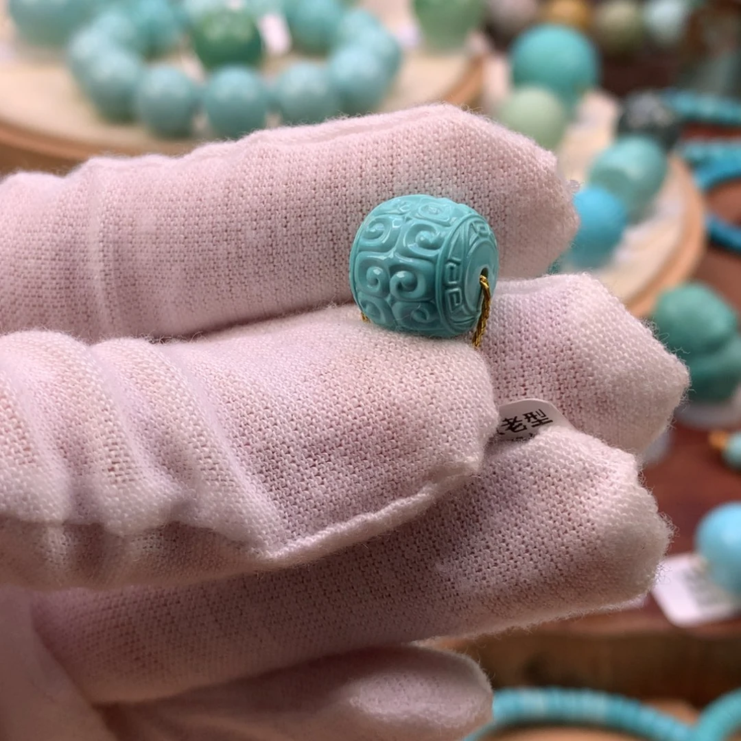 绿松石未镶嵌珠宝奇石高瓷绿回纹老型12.1*11.3mm