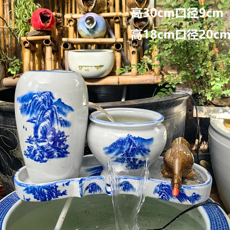 景德镇陶瓷罐复古庭院摆件装饰古法缸养鱼自循环流水瀑布流水陶罐