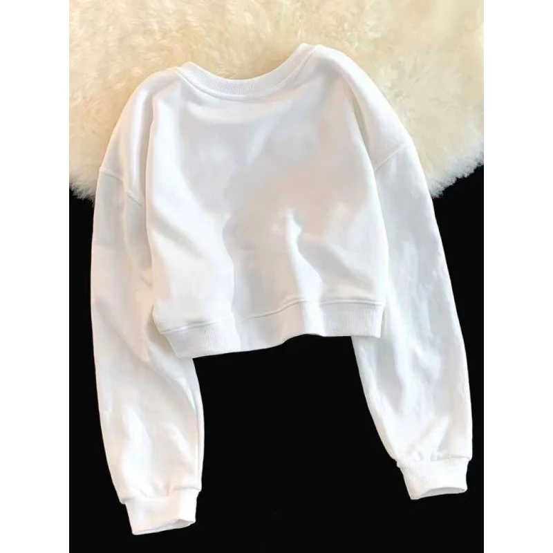 真心舒服！巨推荐！白色短款圆领卫衣女小个子薄款长袖宽松上衣外套