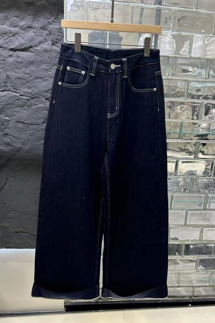 59002 普洗宽松卷边撞色阔腿牛仔裤长裤