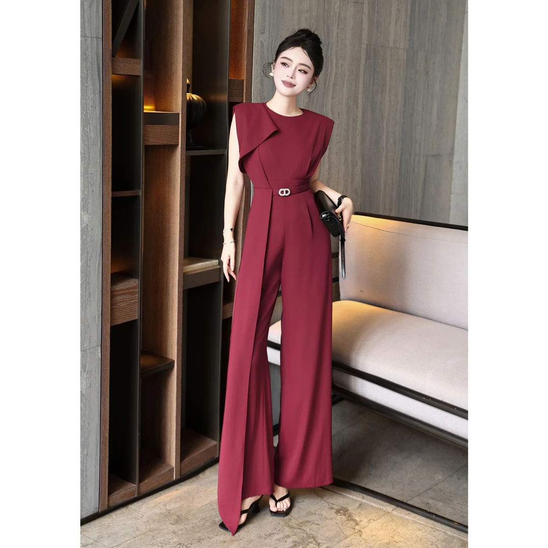 2025夏欧美法式女装修身设计感长飘带时尚大气修身显瘦连体裤长款