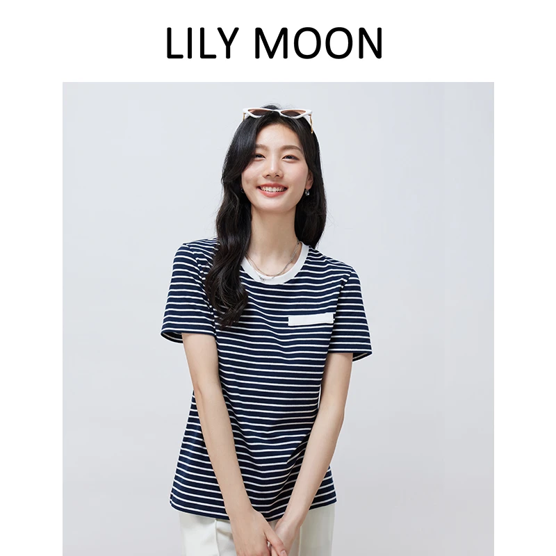 装饰口袋圆领条纹短袖