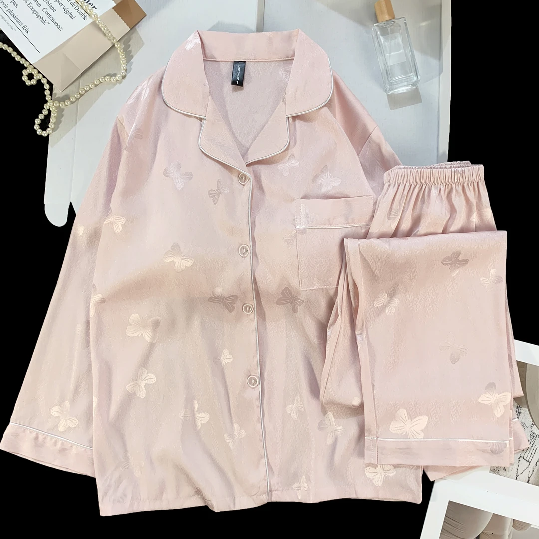 带胸垫春秋季新款甜美风睡衣女冰丝网红时尚长袖可外穿家居服套装