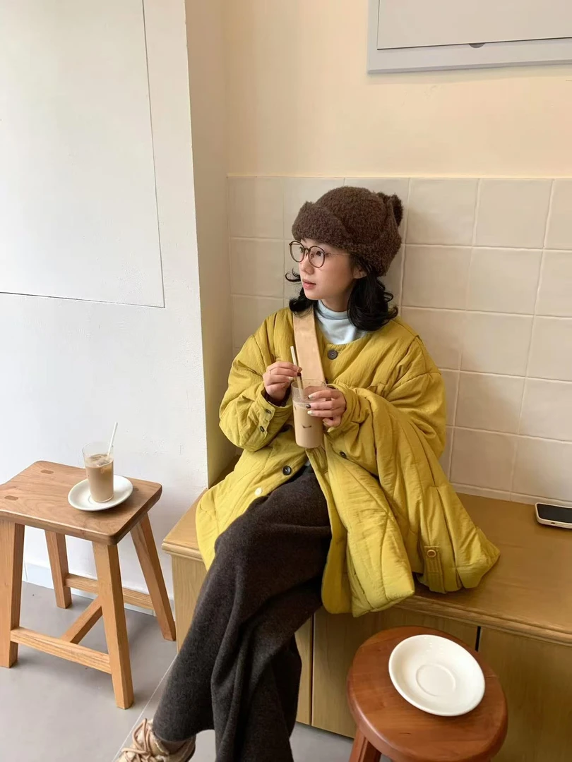 2026秋冬新款韩系气质黄色无领配围巾棉服外套高腰阔腿裤两件套装