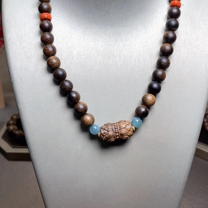 沉香手串越南富森红土08➕芽庄白棋楠莲花沉香木雕