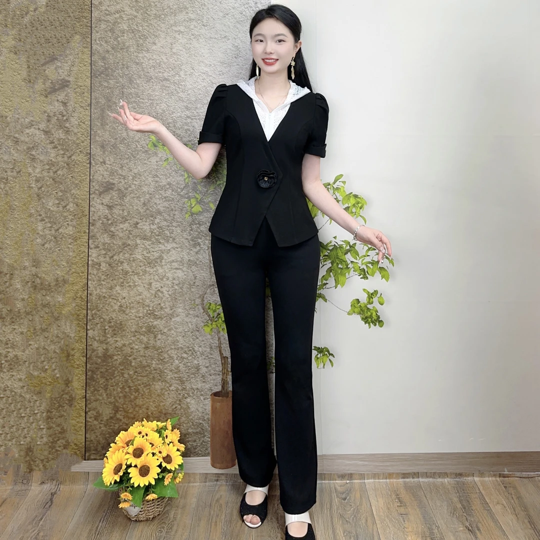 2025年夏季新款修身显瘦时尚洋气蕾丝花边连帽休闲两件套装女