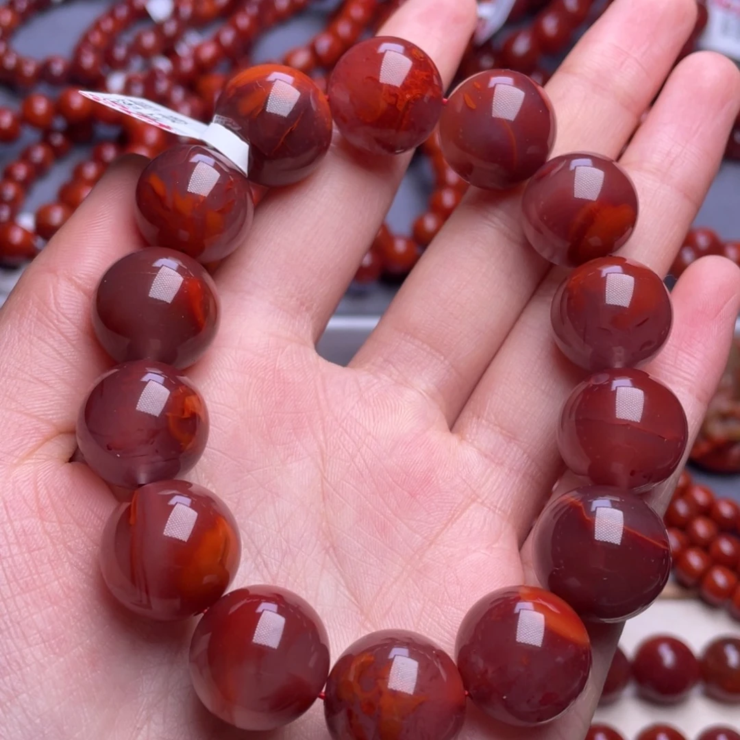 南红玛瑙未镶嵌其他16mm精品瓦西玫瑰红火焰纹圆珠手串
