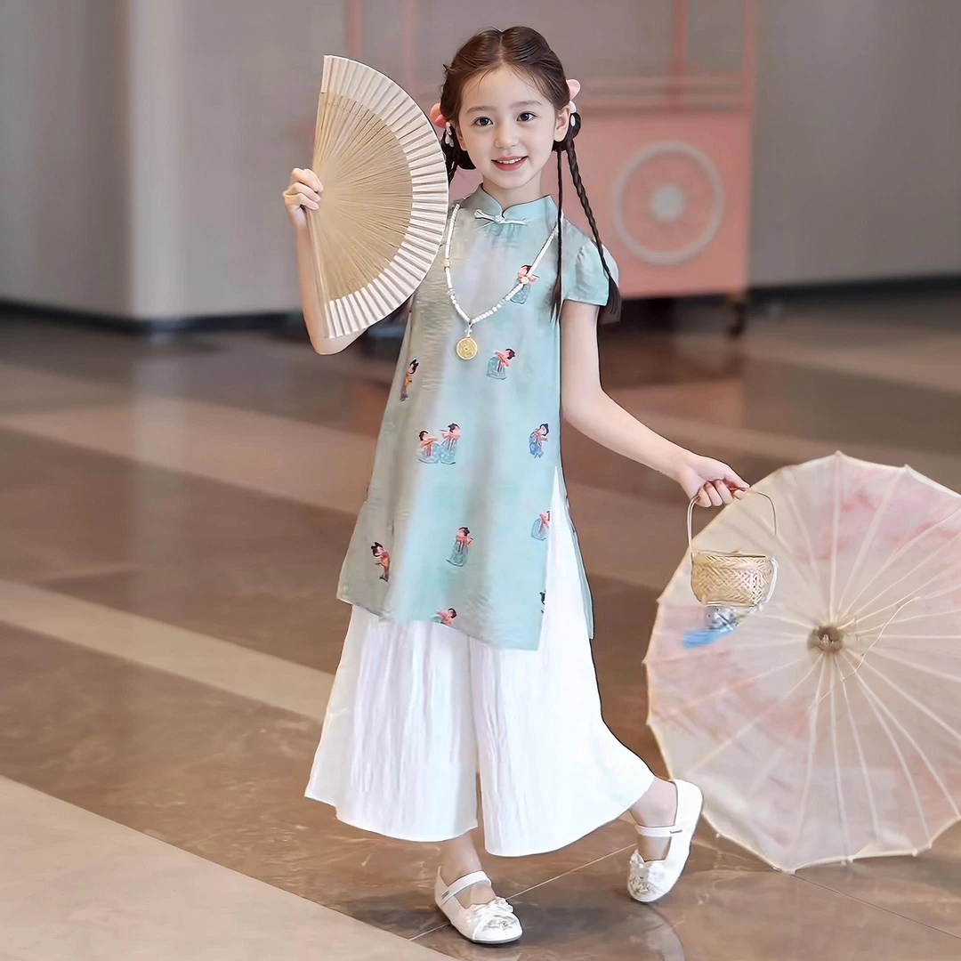 茉寻夏日女童套装夏季2025新款洋气儿童新中式国风裙子女孩改良旗