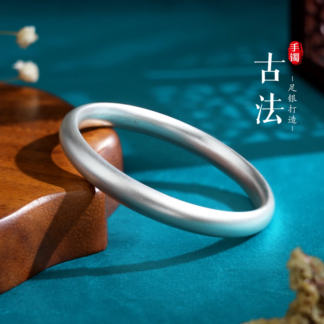 老银匠关东 足银手镯 宽古法纯手镯素圈百搭时尚手工