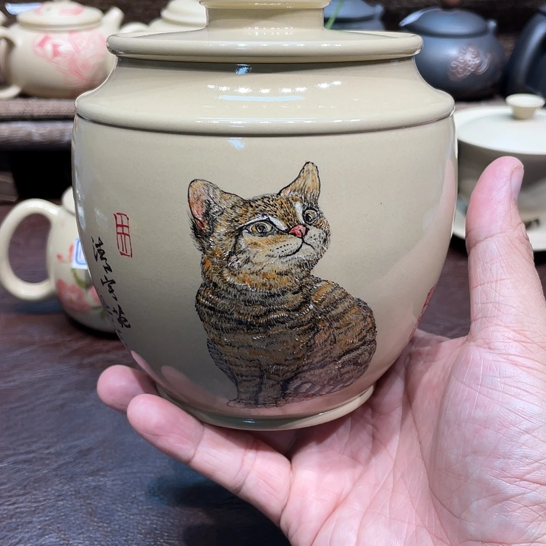 人***叶泥塑猫咪茶叶罐彩绘上釉