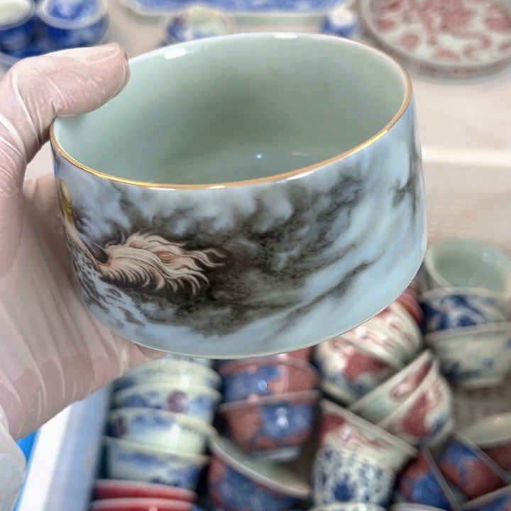 瓷片白青花粉彩梦马水洗全品