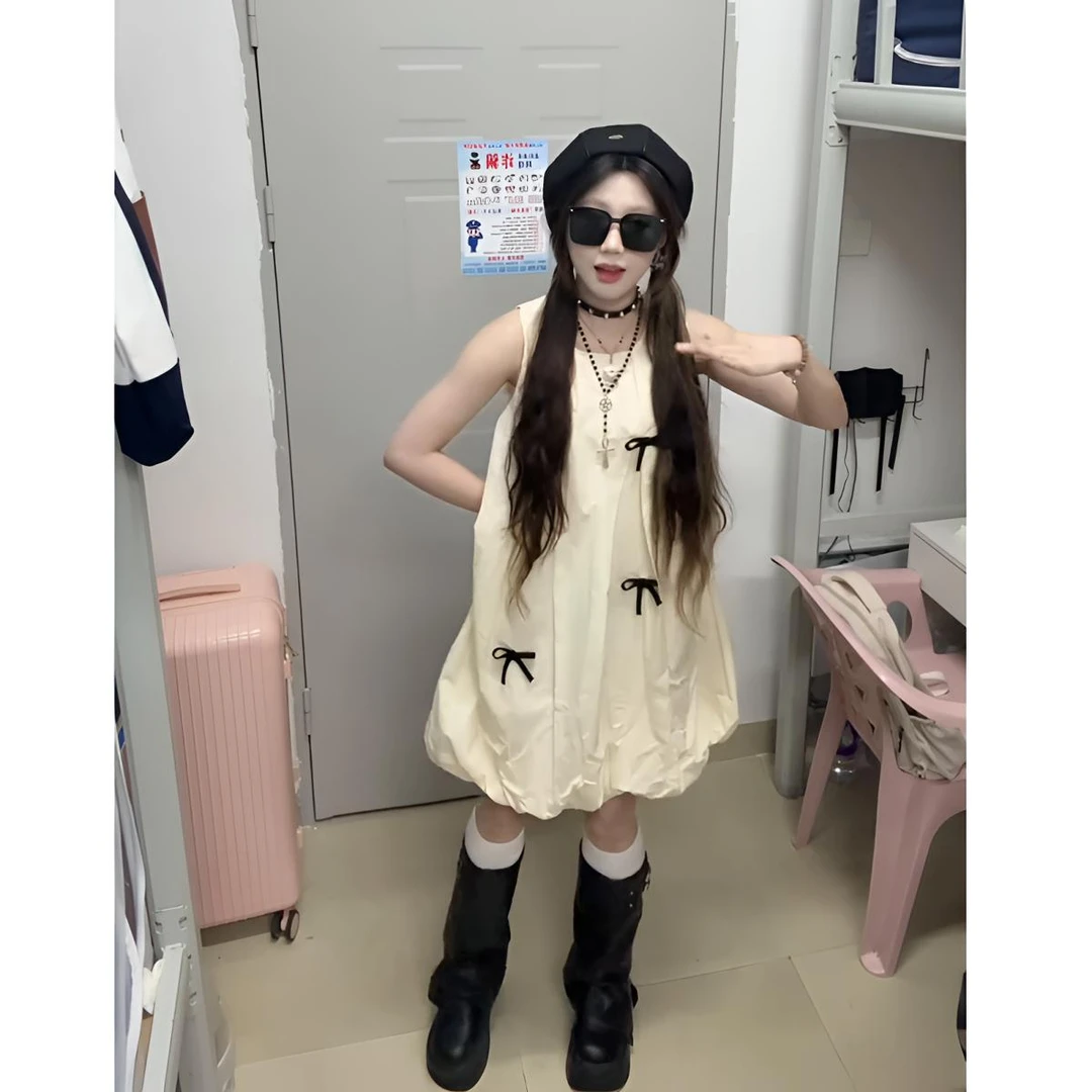 海边度假风奶黄色吊带连衣裙女夏季小个子法式甜美宽松无袖长裙子