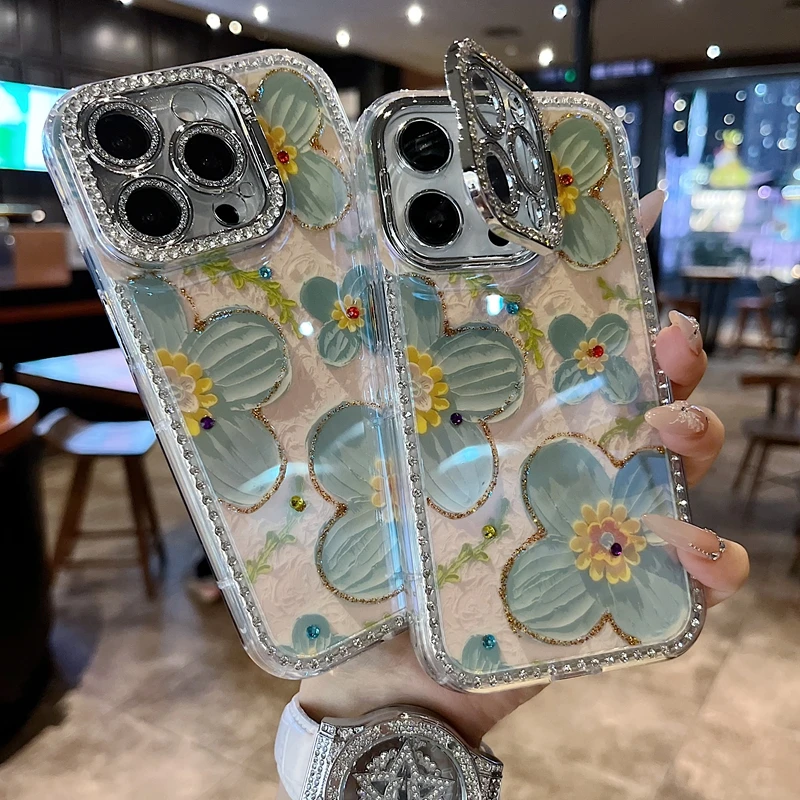 适用苹果系列iPhone16新款手机壳ins风绿杏花全包镜头膜钻框支架