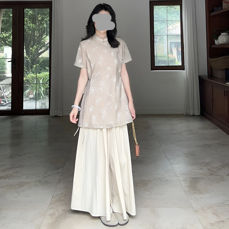 大码胖mm夏季新款新中式显瘦竹叶花短袖上衣女宽松阔腿裤裙两件套