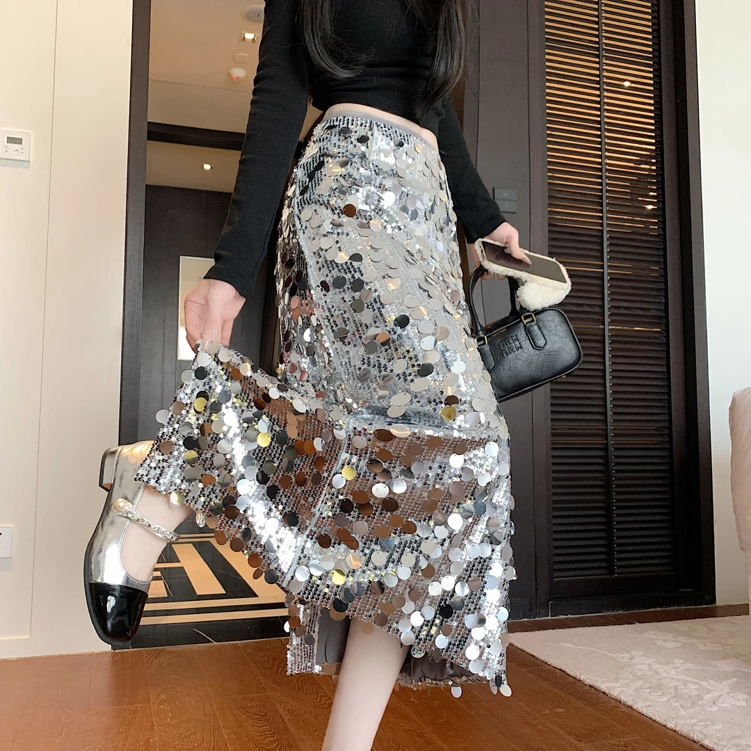 银色亮片性感包臀半身裙女春季2025新款气质开叉裙高腰显瘦直筒裙