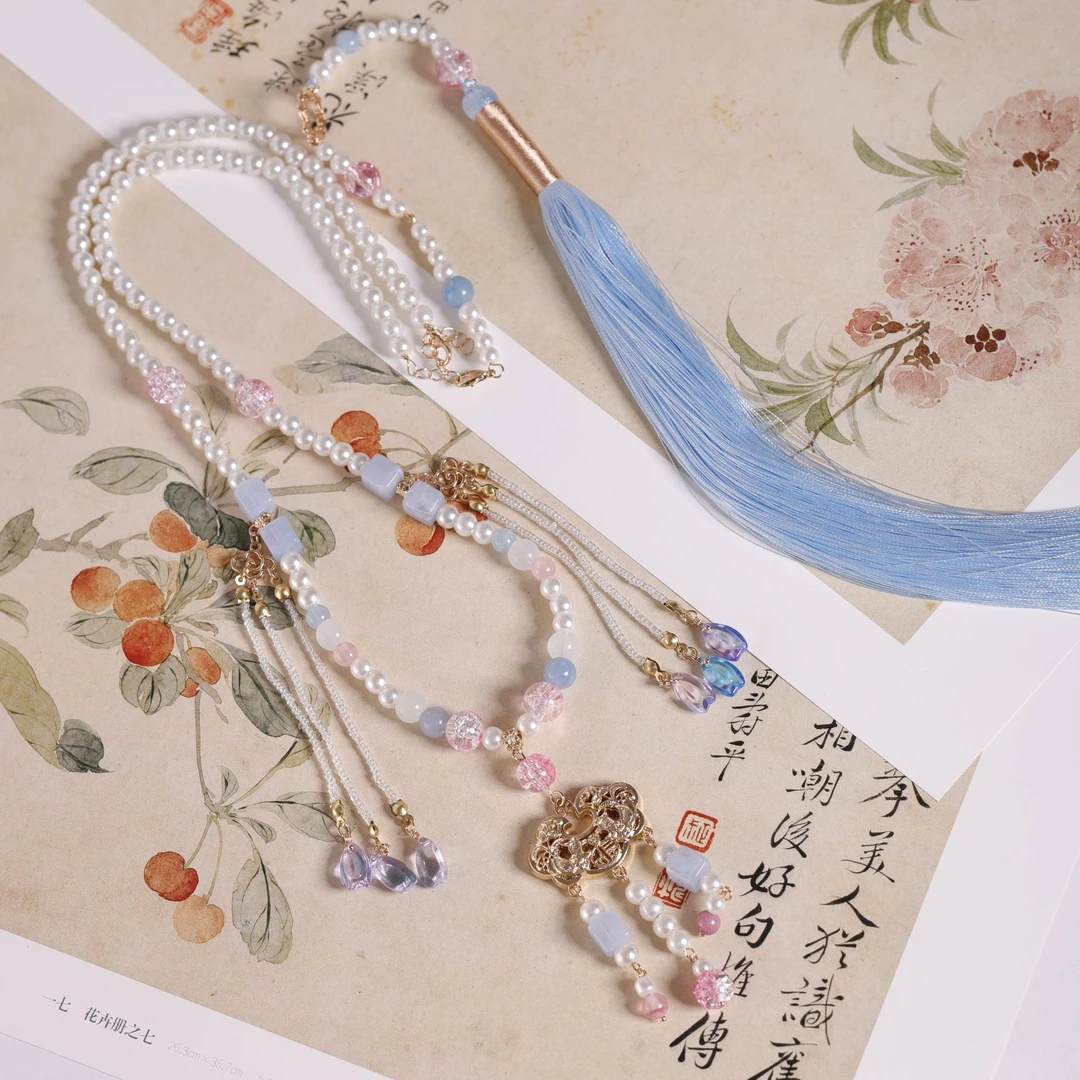 国风平安锁长流苏璎珞汉服配饰长项链