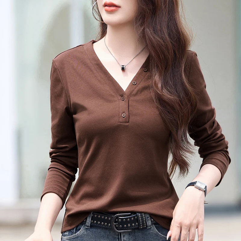【赠送运费险】V领长袖T恤女春秋新款纽扣设计宽松大码遮肉上衣女