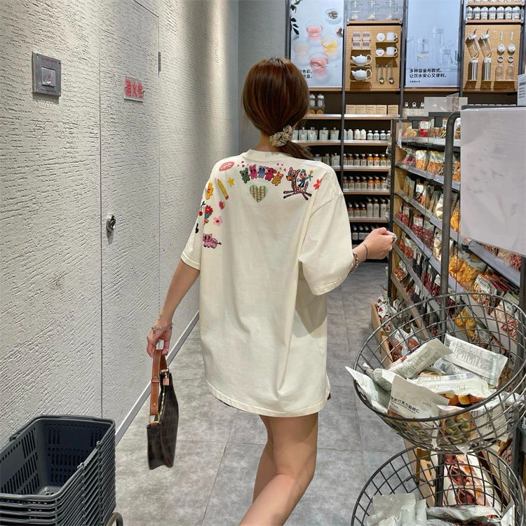 卡通动物字母涂鸦可爱印花短袖T恤女夏新款宽松设计感显瘦上衣