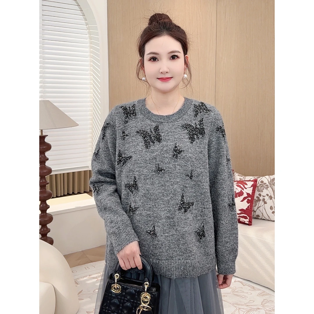 【绵羊毛混纺珠片绣毛衣】MsShe大码女装新冬装蝴蝶上衣S~E2410049
