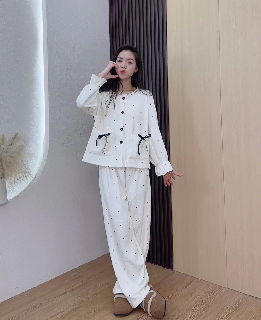 140-158小个子冬季加绒甜美减龄海岛绒睡衣两件套