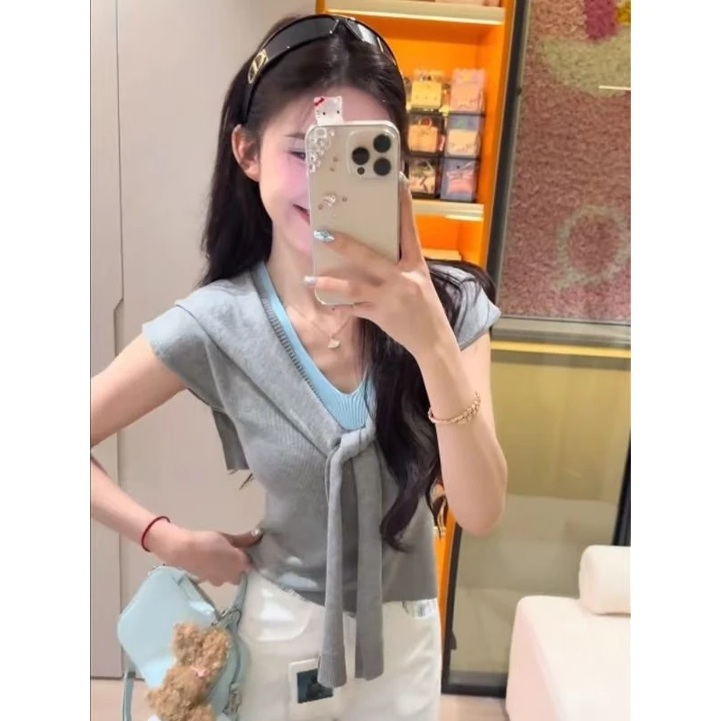 v领披肩冰丝短袖针织衫女夏法式韩系修身显瘦气质假两件坎肩上衣