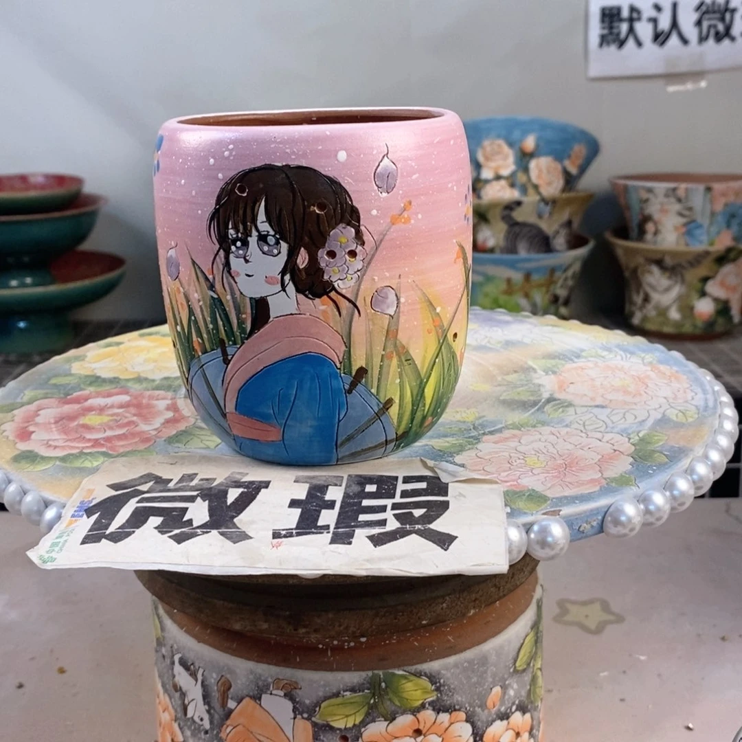 紫砂花盆红陶手绘花盆