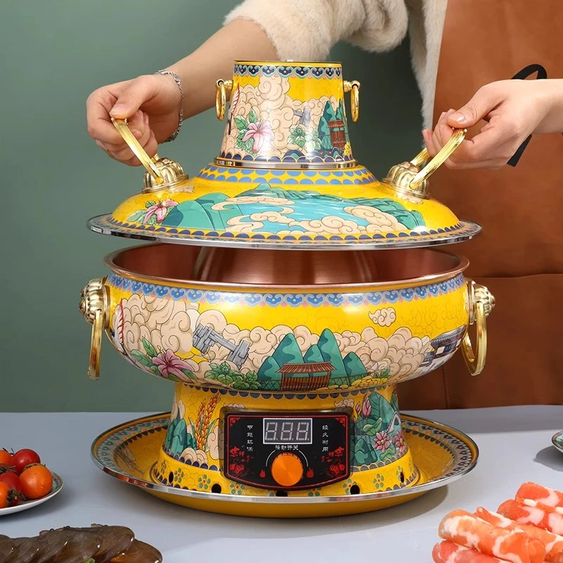 景泰蓝插电铜火锅纯紫铜电碳两用老北京鸳鸯锅铜锅纯铜老式炉家用