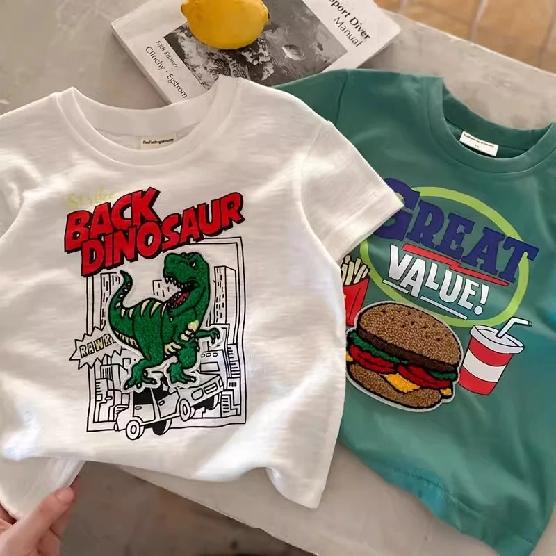 纯棉儿童短袖T恤韩版卡通贴布恐龙t恤宝宝男童夏季半袖上衣潮