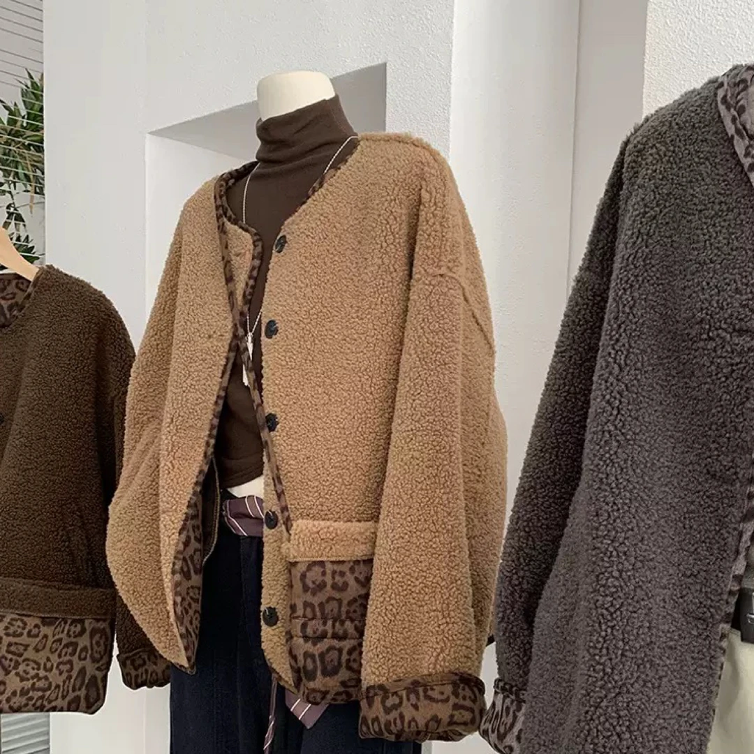 撞色豹纹皮毛一体外套
