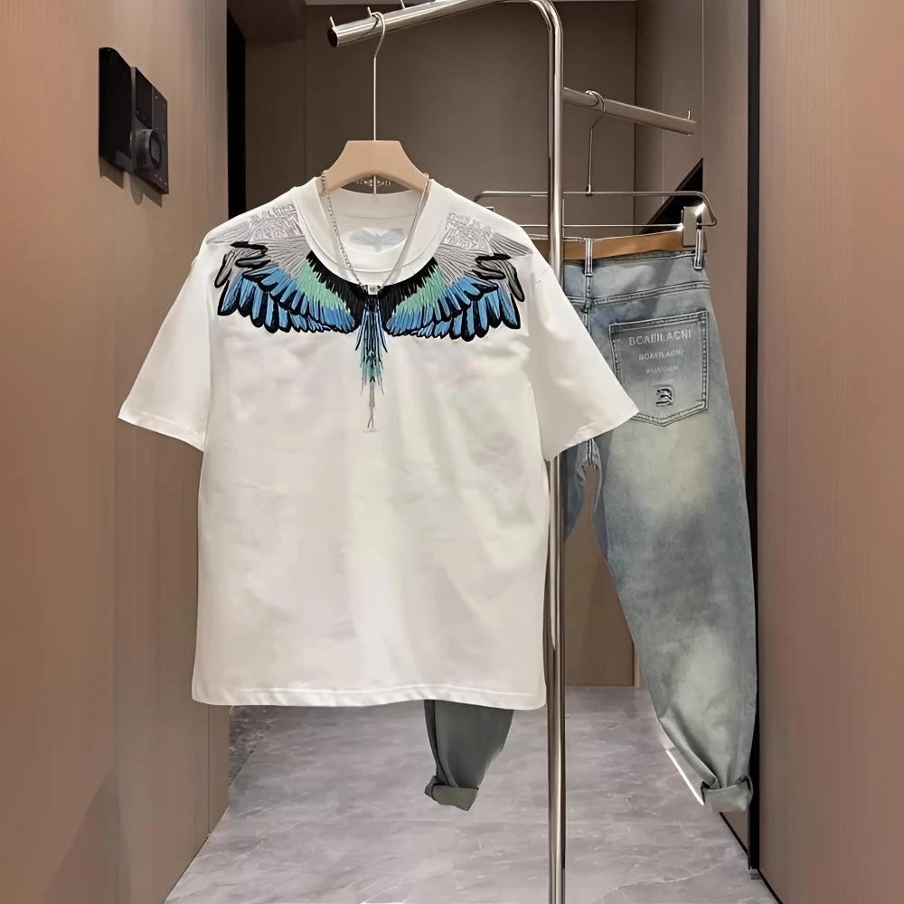 美式重工立体翅膀刺绣T恤男士夏季新款潮流时尚百搭圆领休闲短袖