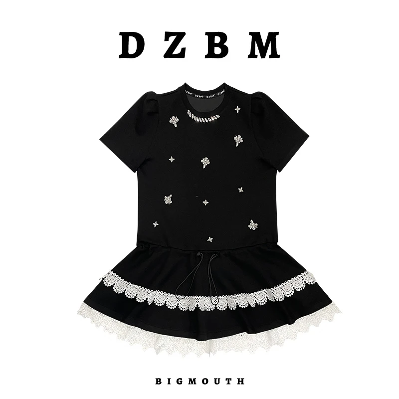 【DZBM】夏季新款重工蕾丝花边缝钻抽褶设计圆领高贵连衣裙Q3964