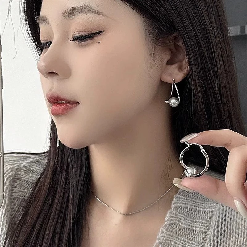 合金耳饰 灰色珠珠不规则耳环女2025新款法式轻奢圈圈耳饰气