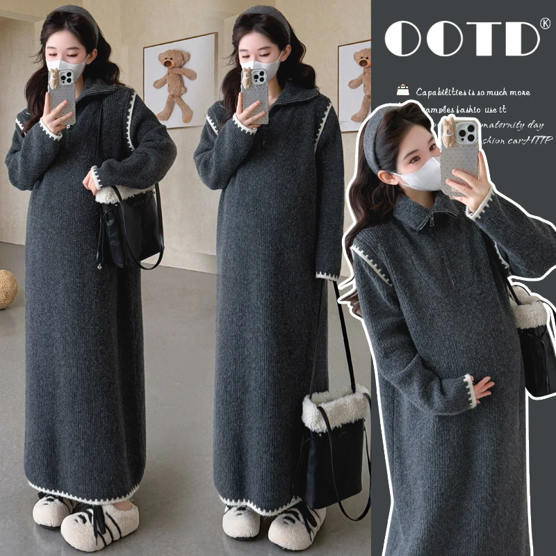 孕妇装秋冬新款时尚潮流毛衣拉链直筒针织孕期宽松大码洋气连衣裙