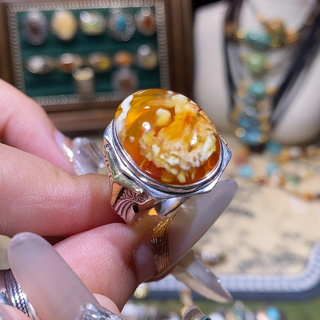 琥珀银S925镶嵌戒指盛**风戒指