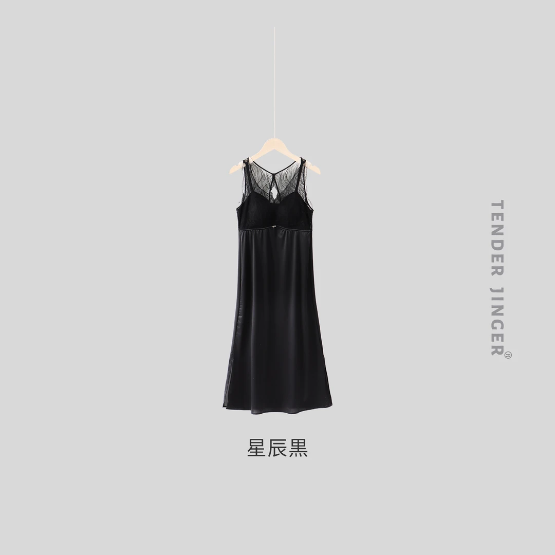 Tender Jinger水波纹蕾丝时尚性感吊带黑裙家居服T2405MYM22513