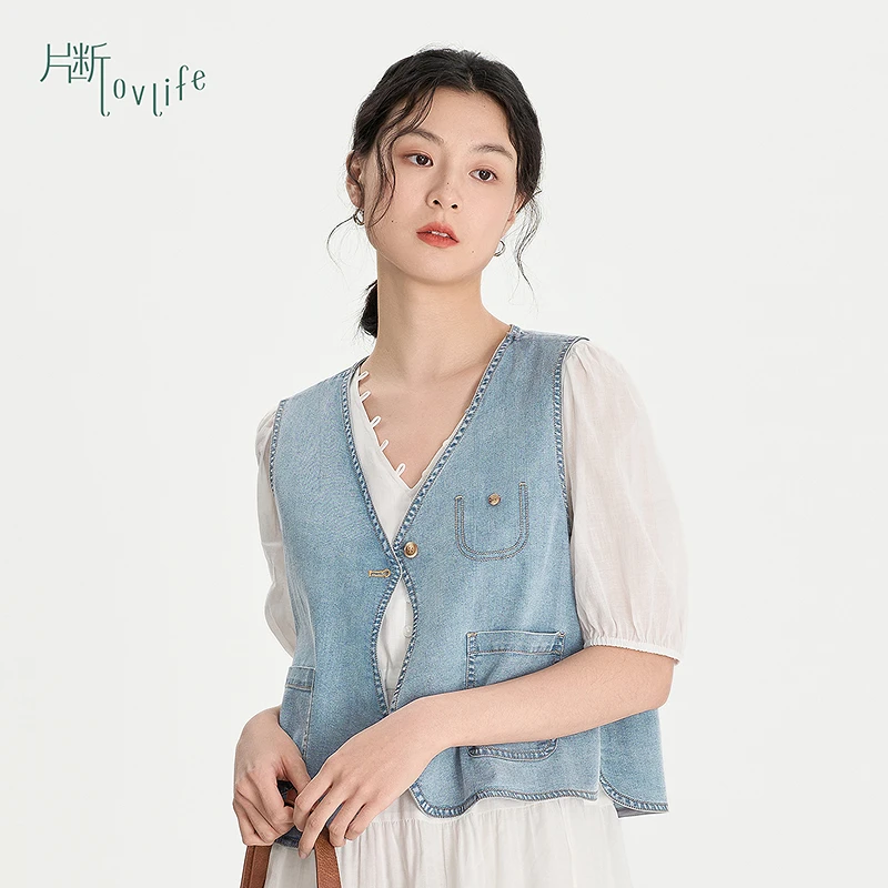 片断马甲女新款v领复古叠穿学院减龄通勤小个子坎肩外套