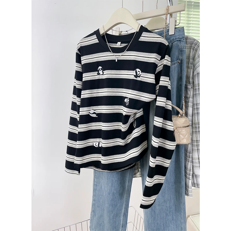 复古条纹慵懒感正肩圆领长袖T恤熊猫刺绣早秋单穿内搭打底衫上衣