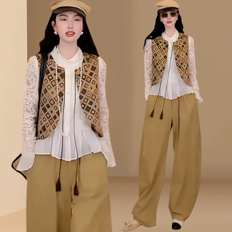 复古叠穿套装女春秋2026镂空荷叶边衬衫菱格马甲阔腿裤显瘦三件套
