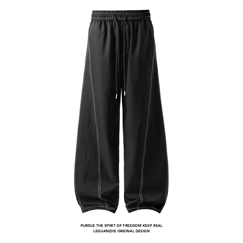 缉明线休闲裤子男秋季宽松大码阔腿弯刀裤潮流设计感长裤