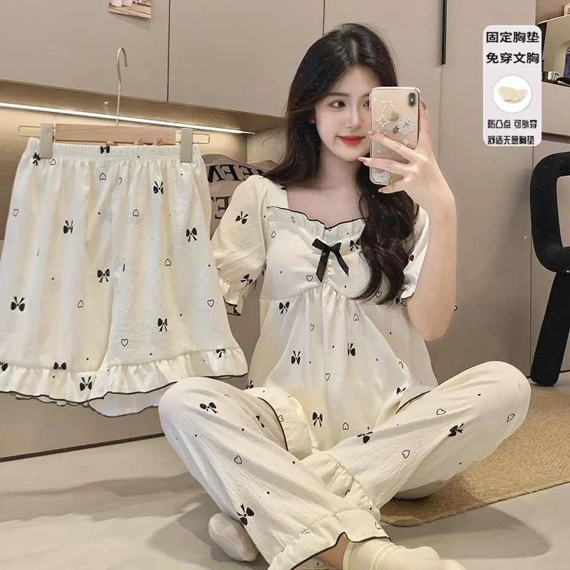自带胸垫三件套睡衣女夏季薄款短袖甜美公主风蝴蝶结家居服可外穿