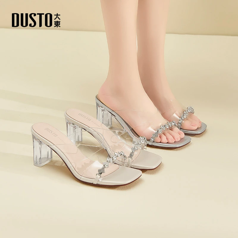 大东高跟半拖鞋女夏外穿2025爆款透明公主风水钻露趾一字拖0663