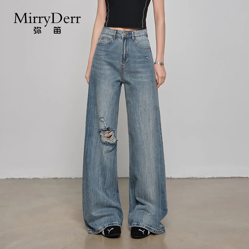MirryDerr/弥笛时髦破洞微喇牛仔裤女2025夏季新款高腰直筒阔腿裤